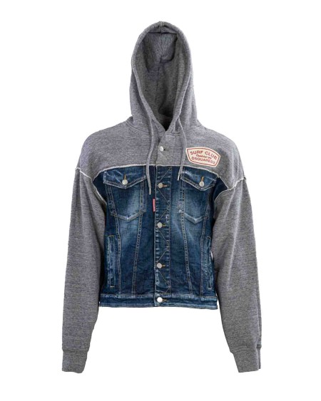 Shop DSQUARED2  Short Coat: Dsquared2 denim jacket.
Hood.
Long sleeves.
Two welt pockets.
Patch pockets with flap.
Cotton fleece details.
Logoed patch.
Composition: 100% Cotton.
Made in Italy.. S74HG0158 STJ392-961